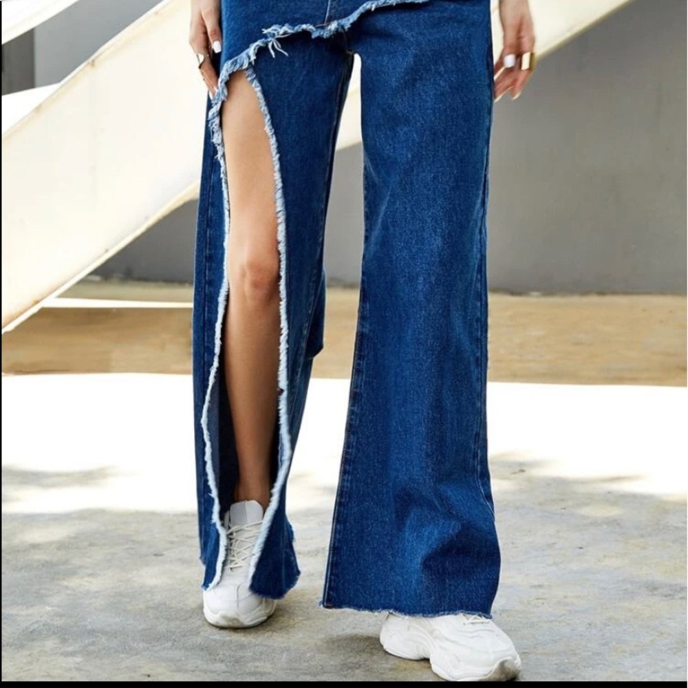 High Waist Split Hem Raw Trim Wide Leg Jeans